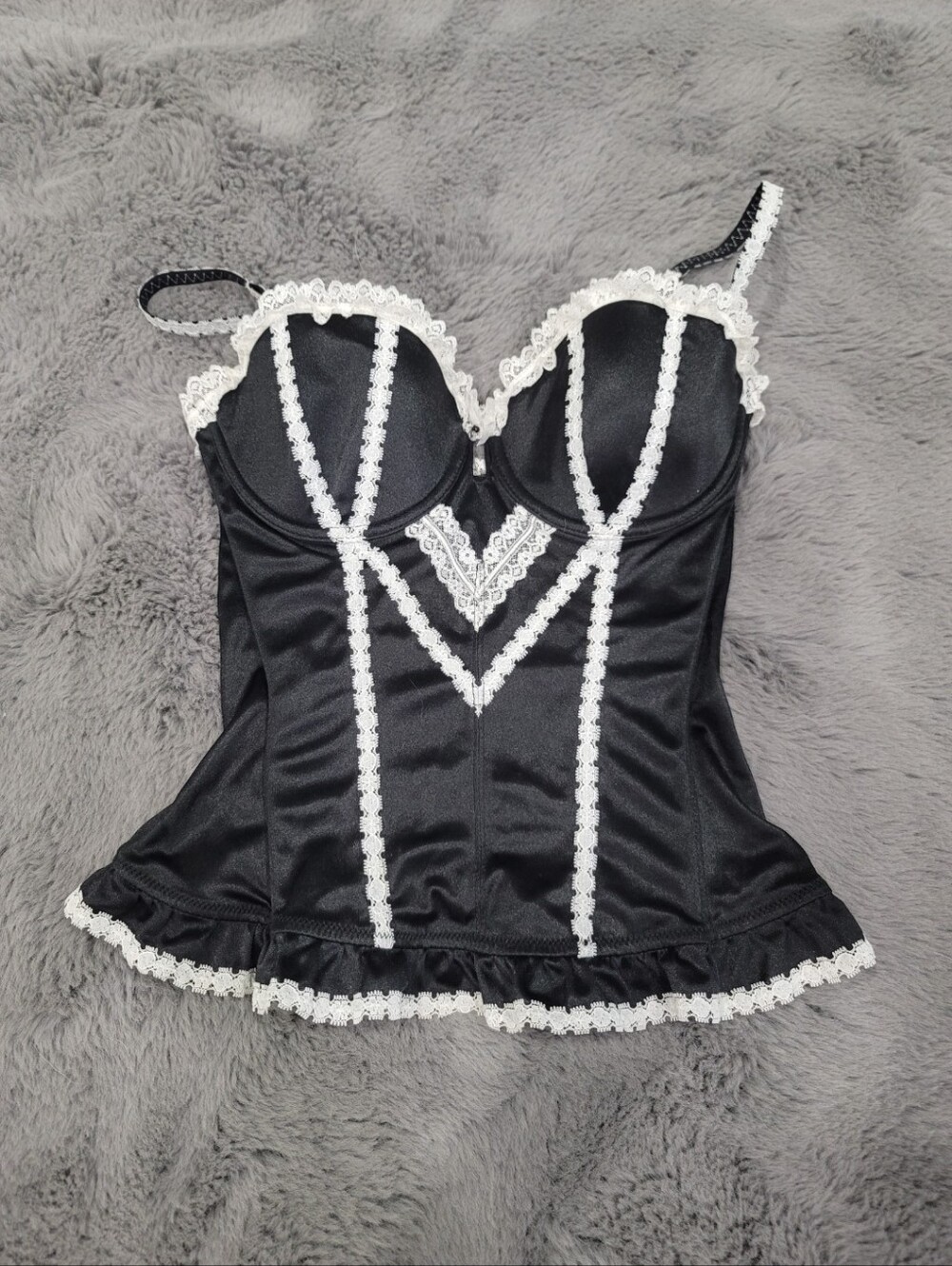 H&M Black Satin Bustier Corset Top White Lace Ruffle Trim Lingerie French Maid S